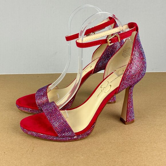Jessica Simpson Plumpi Jeweled Heels Womens 8 Red Purple Ankle Strap Buckle - Picture 1 of 10